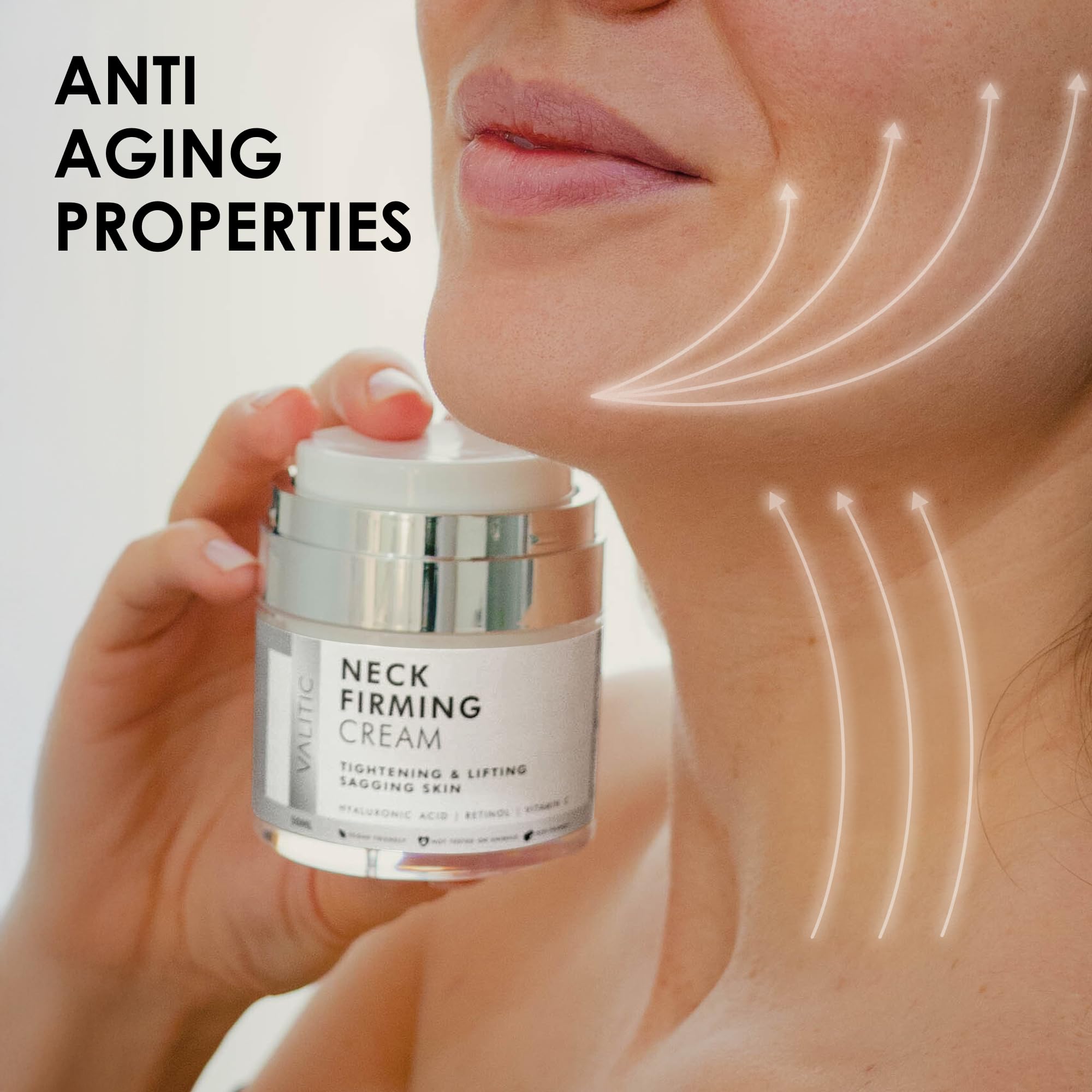 VALITIC neck cream close-up on neck area highlighting smoothing effect.