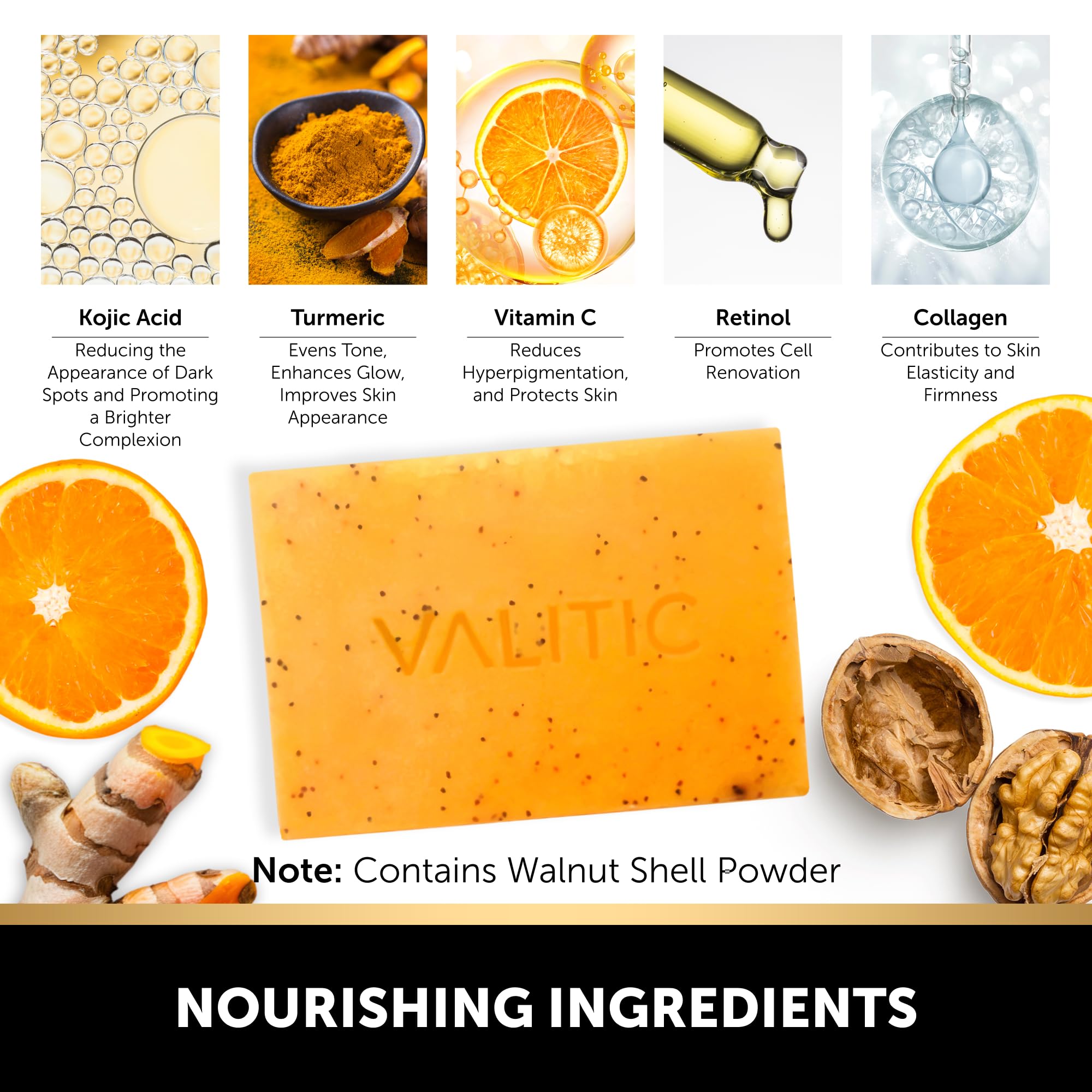 VALITIC formula highlighting retinol, vitamin C, collagen, and hyaluronic acid for nourishment.