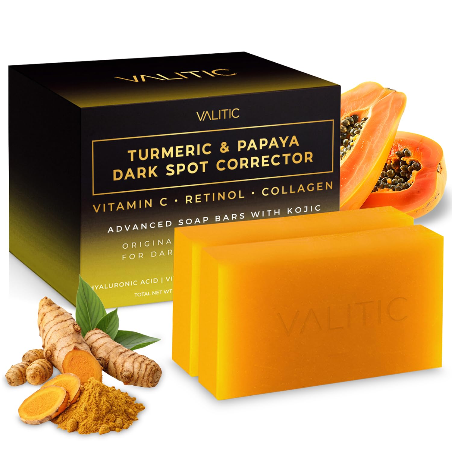 VALITIC papaya-turmeric soap bar close-up for brightening and even-toned skin