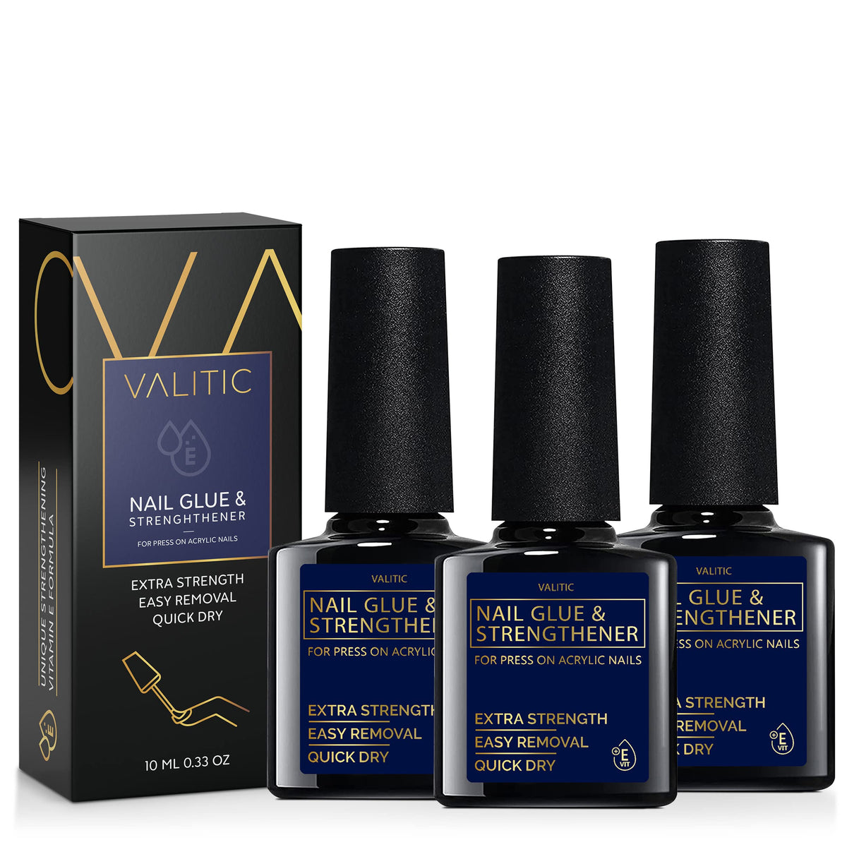 VALITIC strong nail glue bottle closeup shows durable bond for acrylic and press-on nails