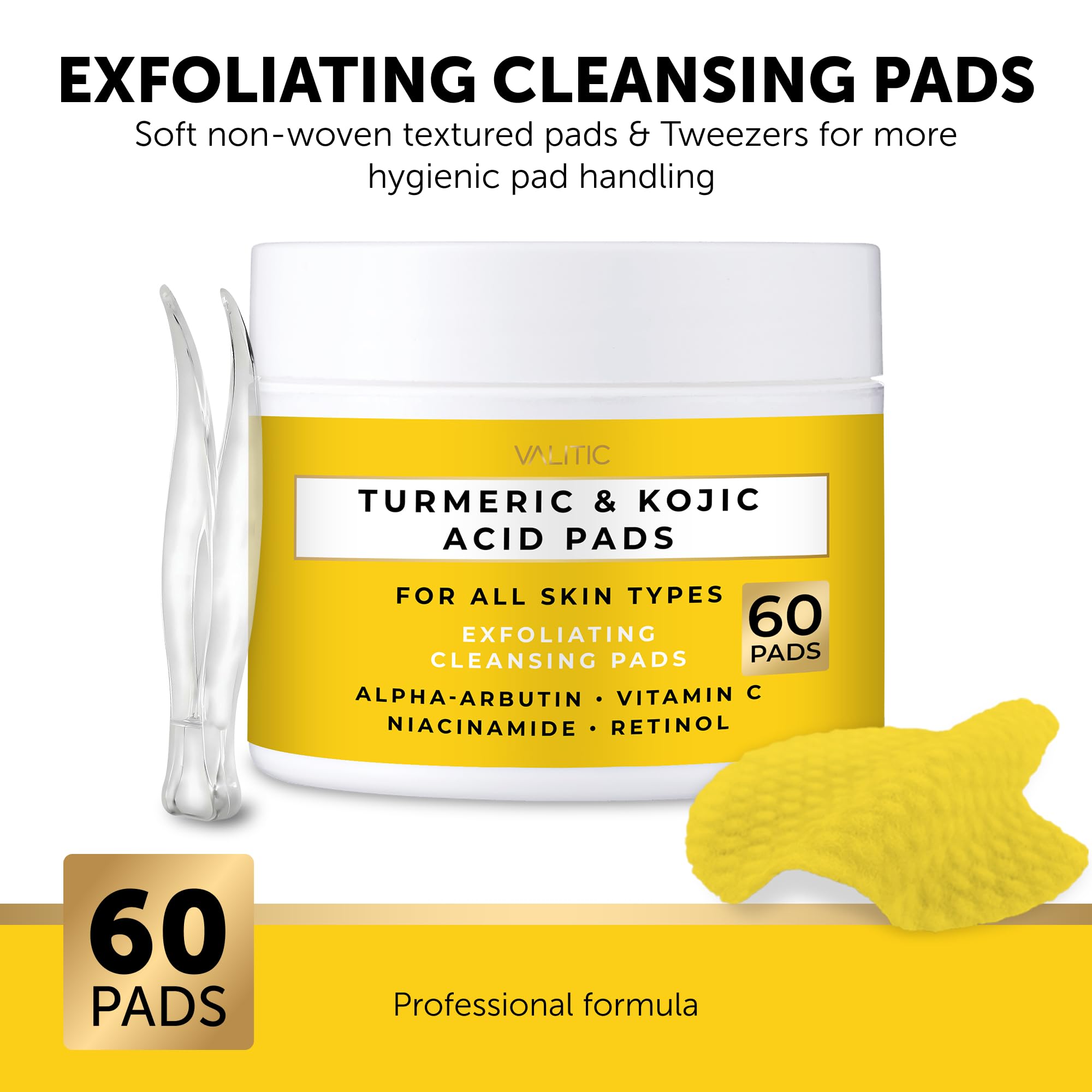 VALITIC Turmeric Kojic Pads on a clean vanity setup for easy access.
