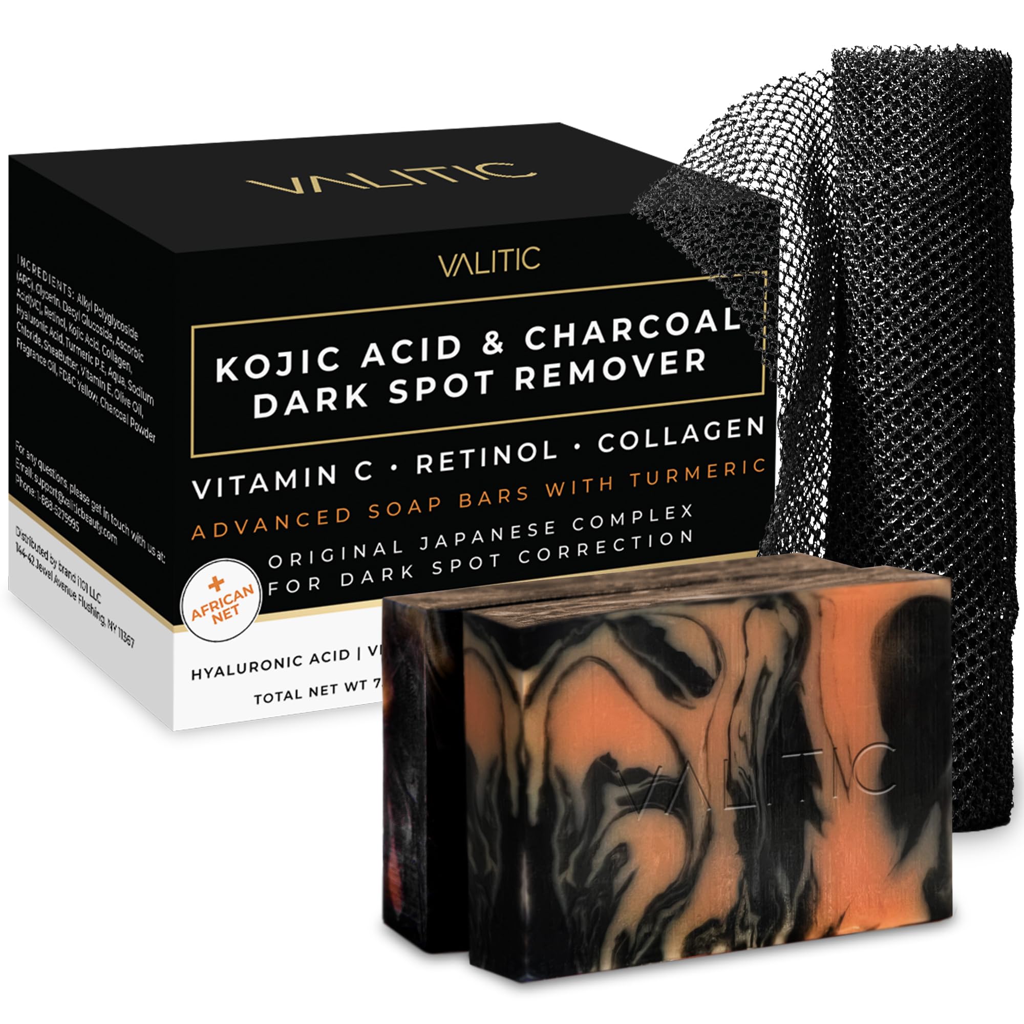 VALITIC charcoal kojic turmeric soap two-pack for even skin tone and subtle radiance.