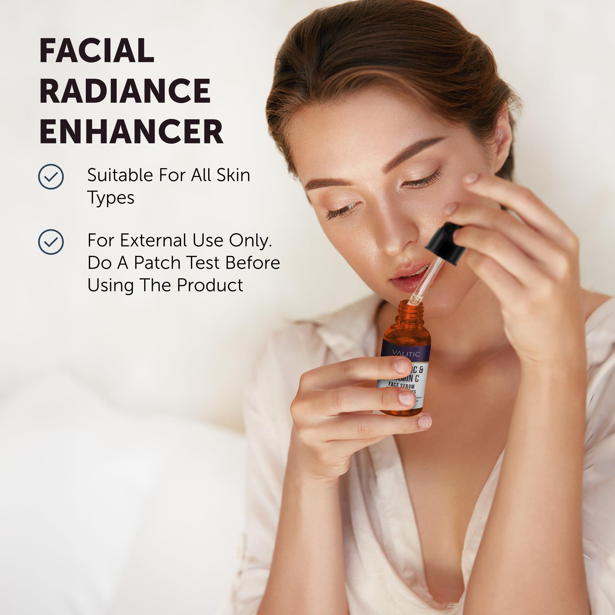 VALITIC Vitamin C Serum with Hyaluronic Acid emphasizes hydration boost.