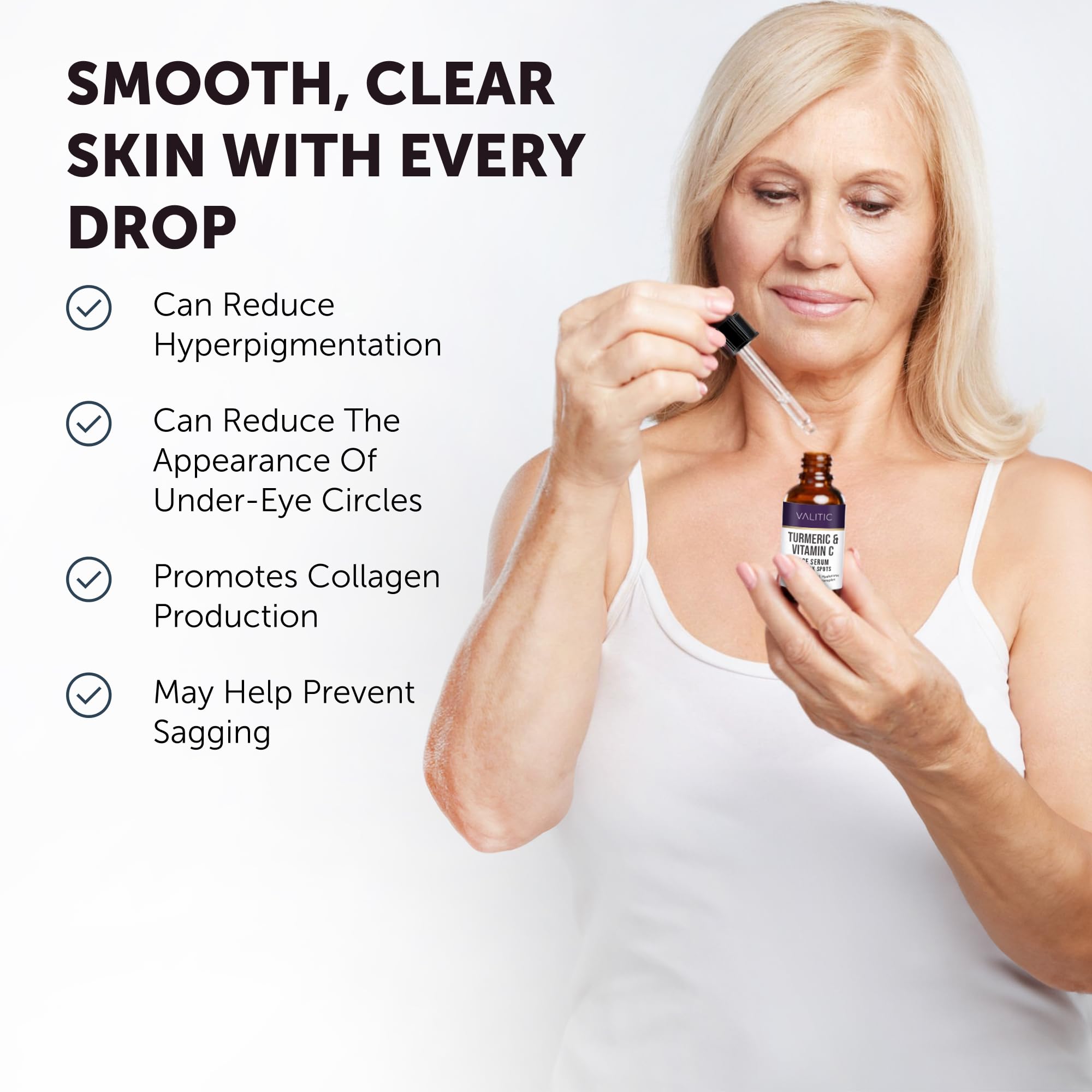 VALITIC Vitamin C Serum on skin reveals a radiant, even tone.