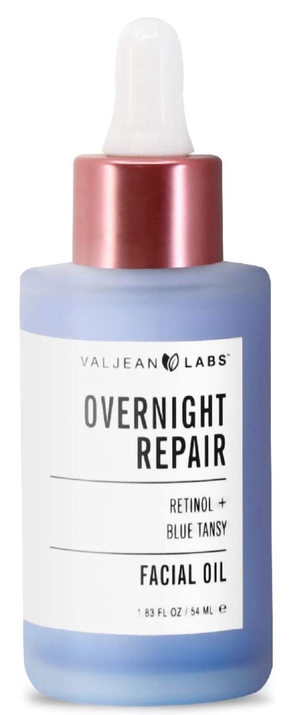 VALJEAN LABS Overnight Repair Facial Oil bottle close-up emphasizing calming redness.