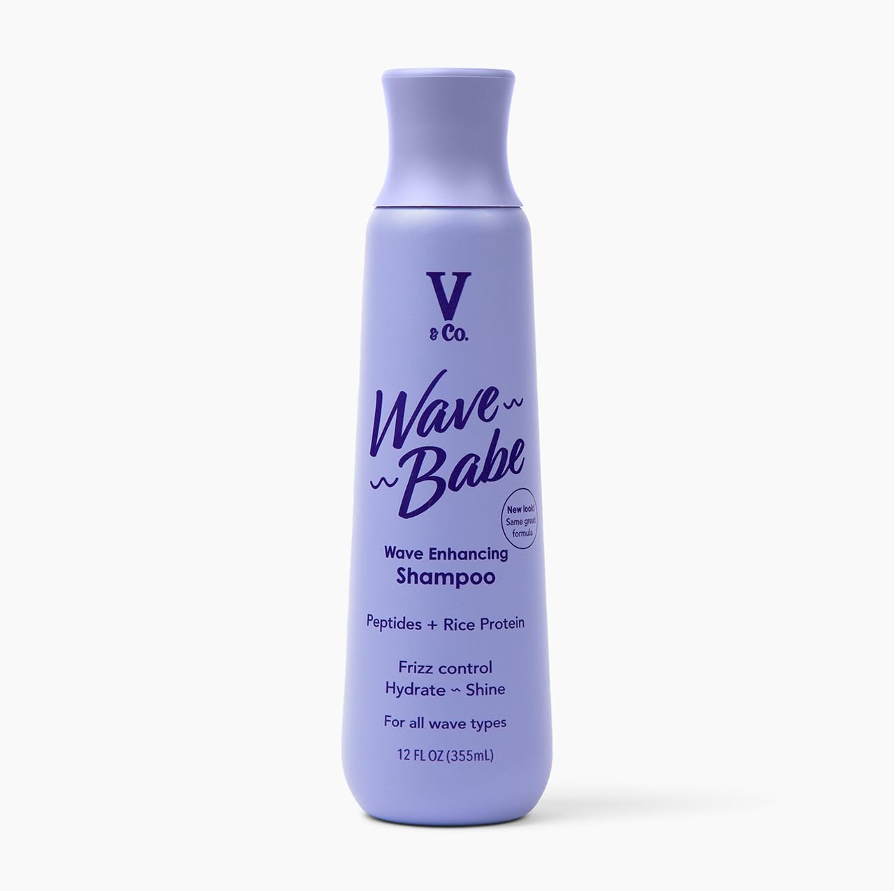 V&Co Wave Babe shampoo bottle front, sleek design for hydrated, defined waves.