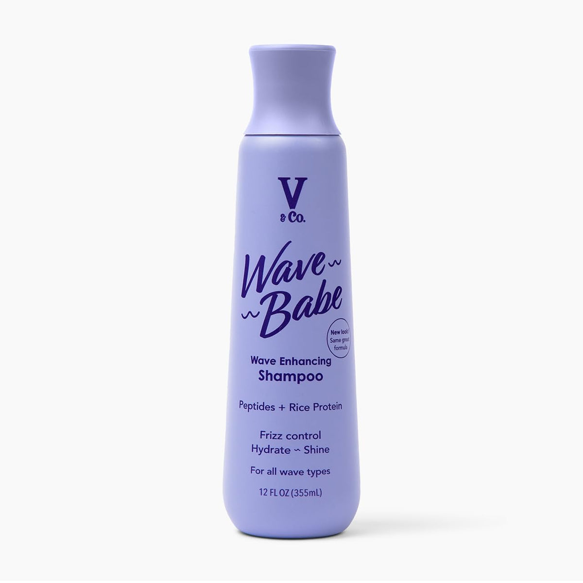 V&Co Wave Babe shampoo bottle front, sleek design for hydrated, defined waves.