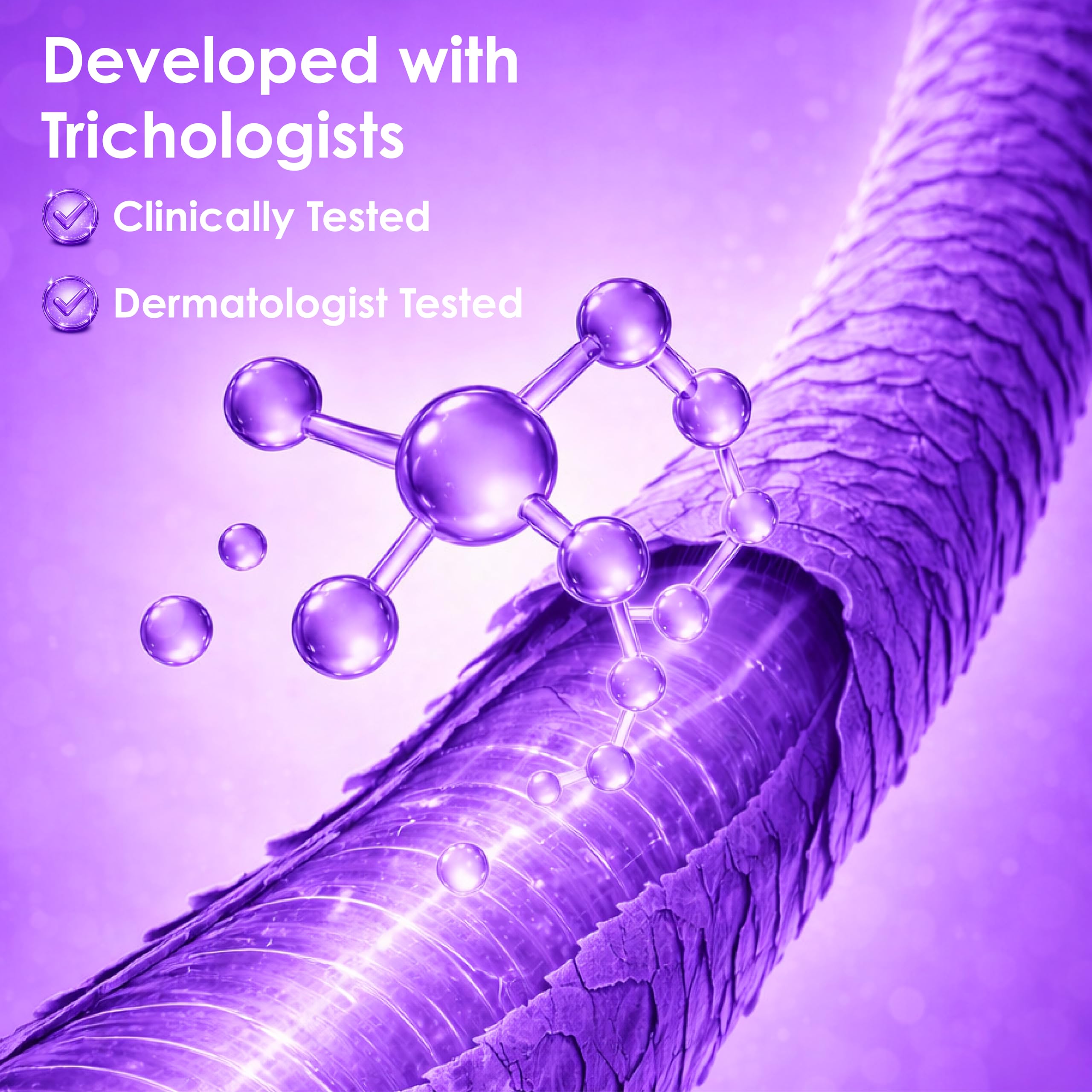 Bottle close-up shows peptide blend for stronger strands.