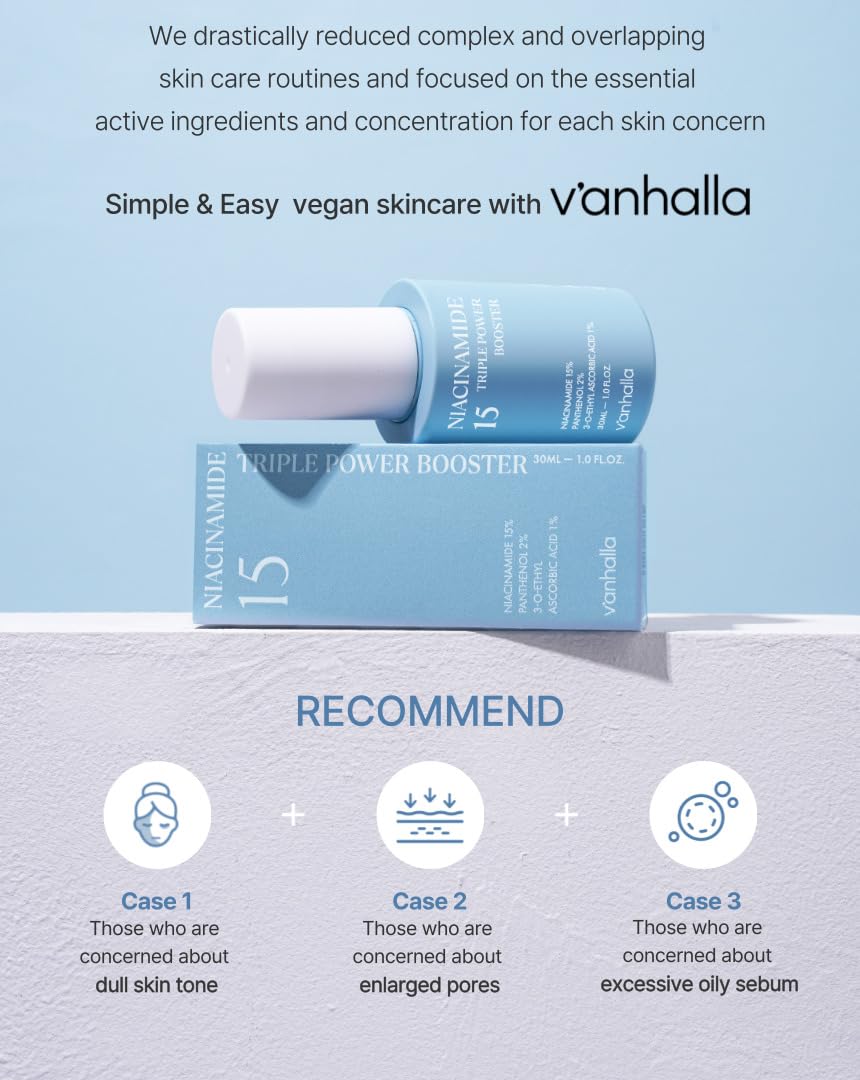 Dermatologist-tested badge on the V'anhalla Niacinamide 15 booster bottle signals clean formulation.