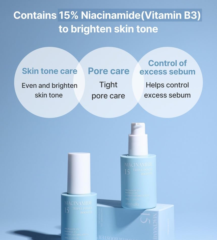 Hydration-focused image of V'anhalla Niacinamide 15 booster demonstrates lasting moisture.