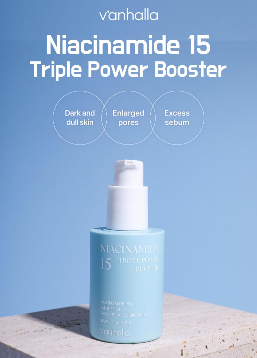 Close-up of V'anhalla Niacinamide 15 booster serum swirl showing lightweight texture for daily use.