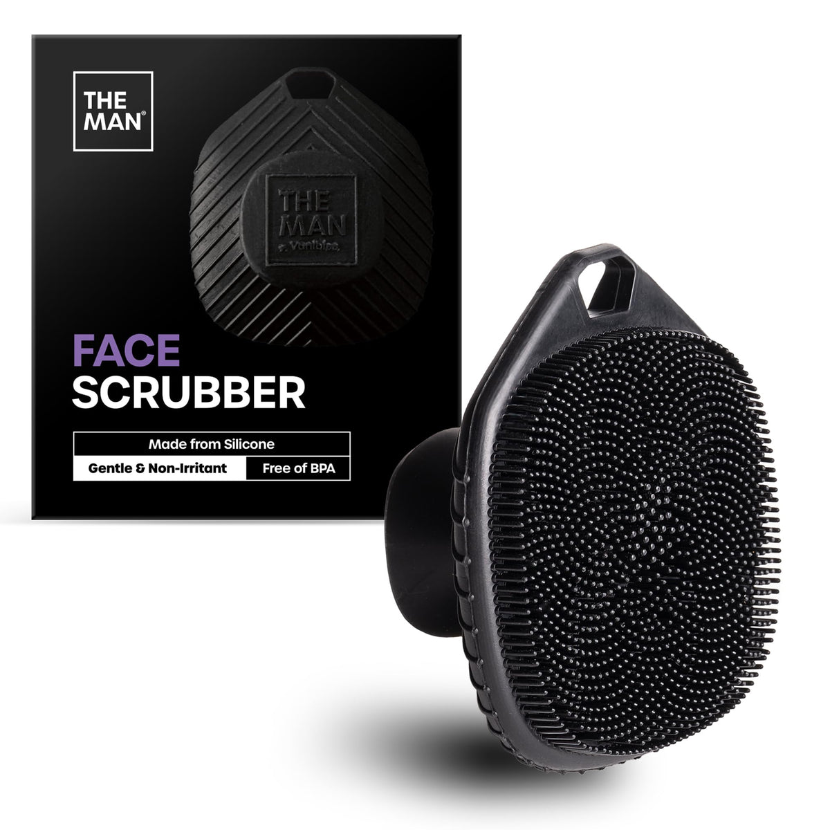 Vanibiss The Man silicone face scrubber in hand for gentle cleansing and mild exfoliation.