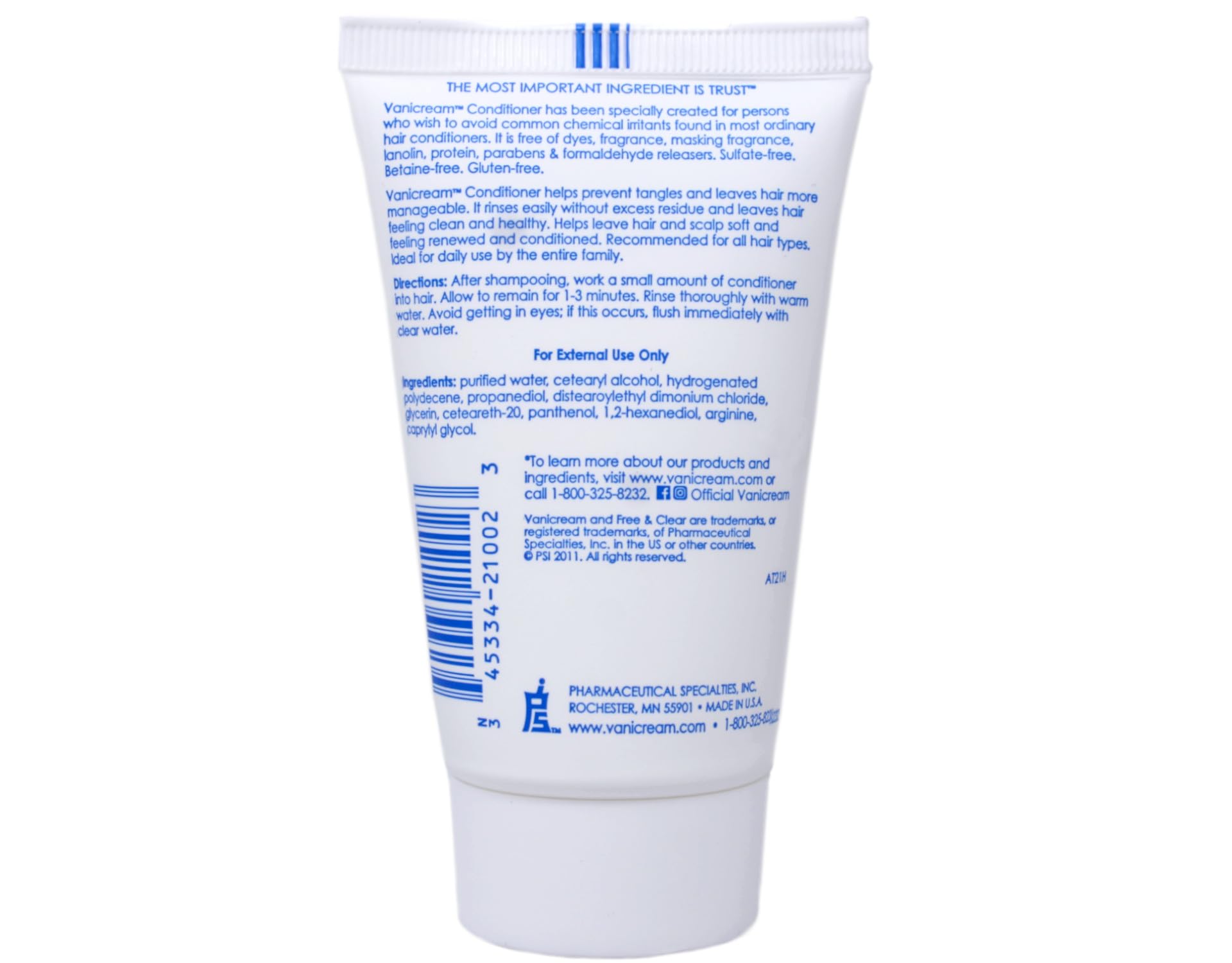 Vanicream conditioner travel-size bottle shown for soft hair care