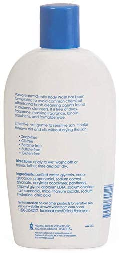 Vanicream Free and Clear body wash bottle in shower, fragrance-free.