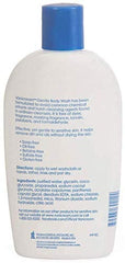 Vanicream Free and Clear body wash bottle in shower, fragrance-free.