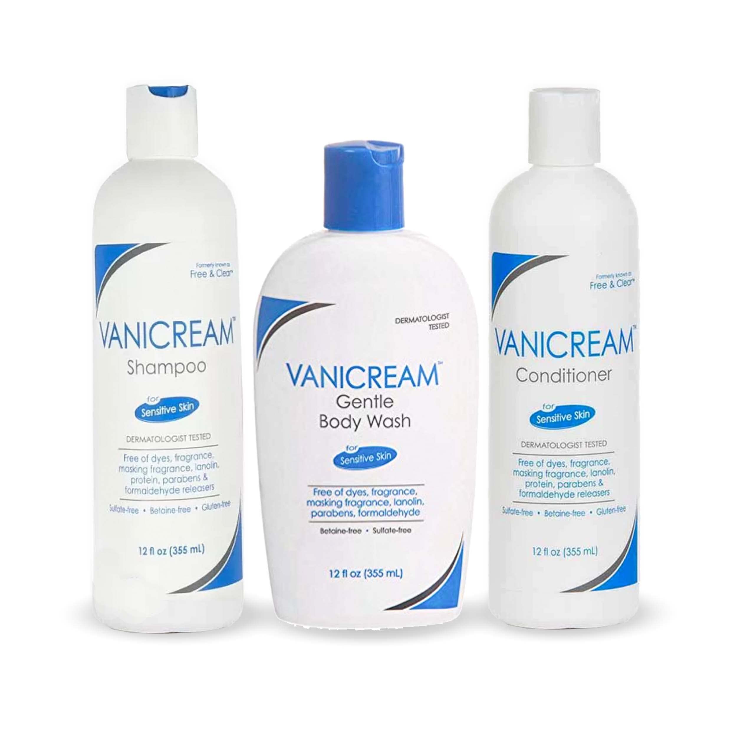 Vanicream Free and Clear shampoo bottle on bathroom shelf for sensitive skin.