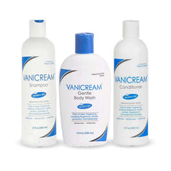 Vanicream Free and Clear shampoo bottle on bathroom shelf for sensitive skin.