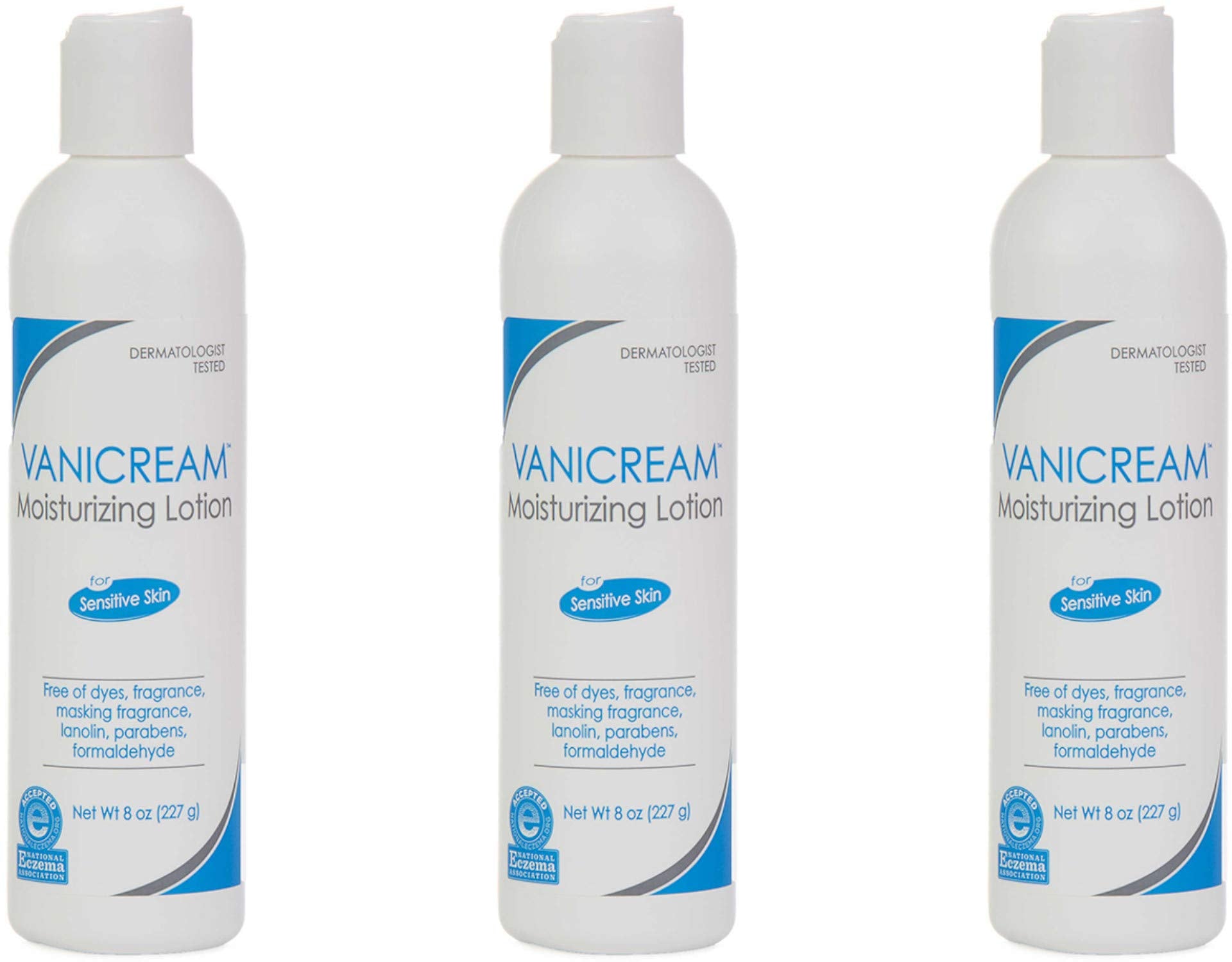 Vanicream Moisturizing Lotion 8oz bottle front emphasizes lightweight, fragrance-free hydration