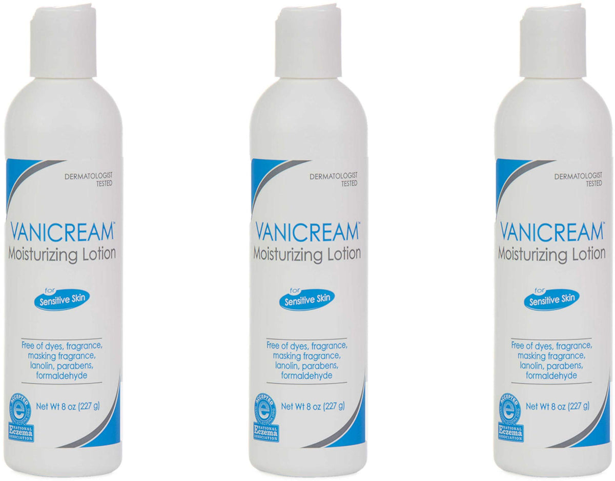 Vanicream Moisturizing Lotion 8oz bottle front emphasizes lightweight, fragrance-free hydration