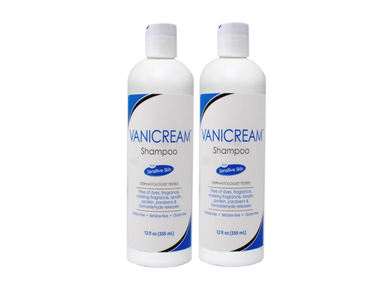 Vanicream Shampoo for Sensitive Skin bottle closeup showing fragrance-free formula for daily use