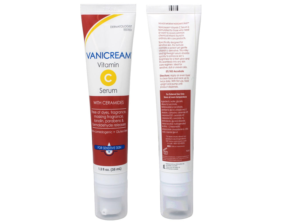 Vanicream Vitamin C Serum ceramides packaging back info emphasizing dye-free attributes.