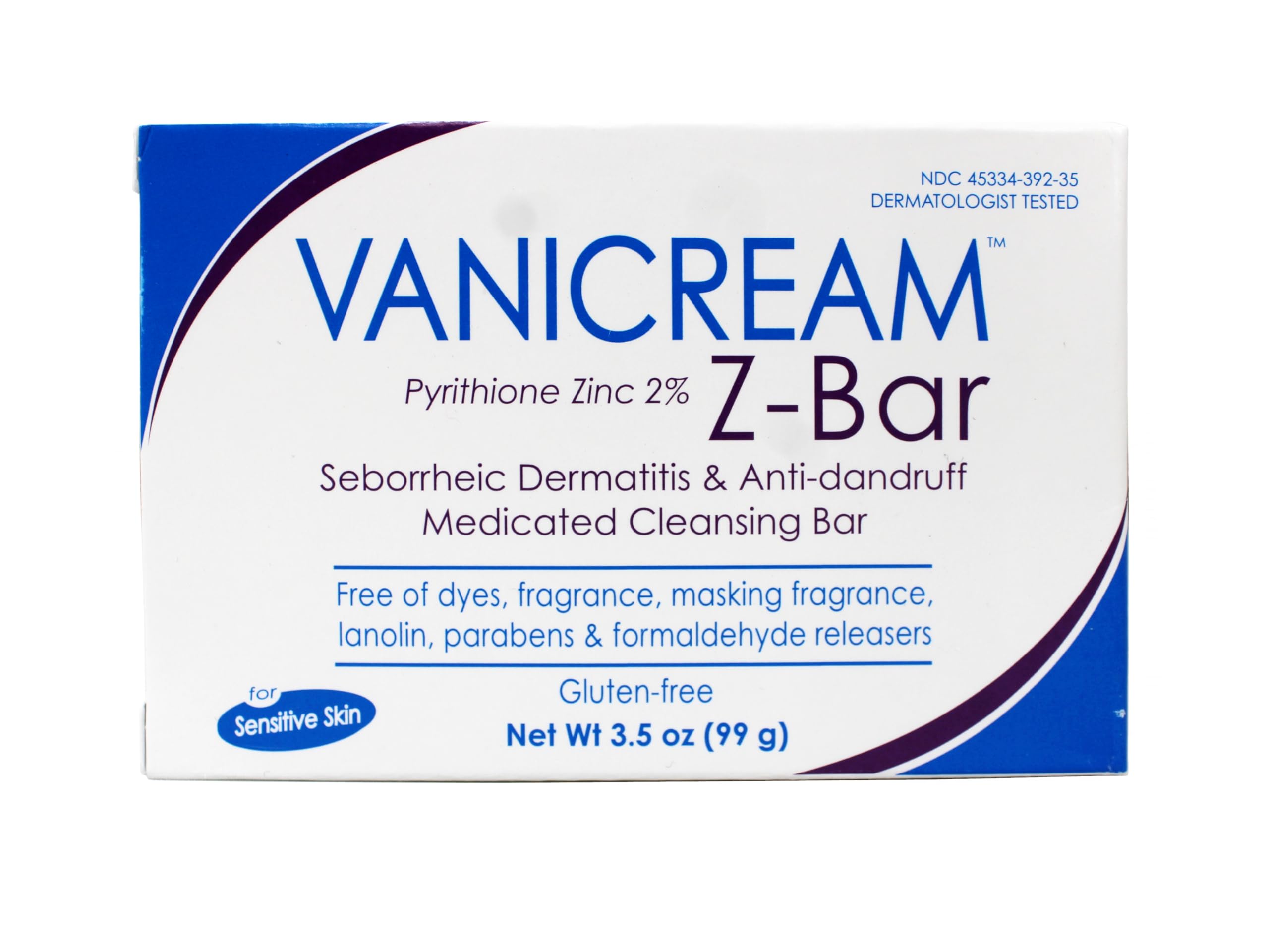 Vanicream Z-Bar close-up showing 2% pyrithione zinc for scalp relief.