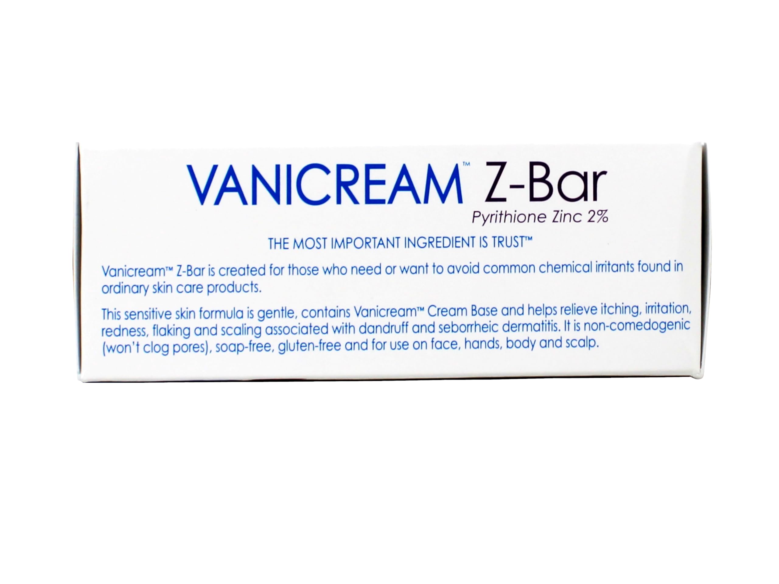 Vanicream Z-Bar displayed for use on face, hands, body, and scalp cleansing.