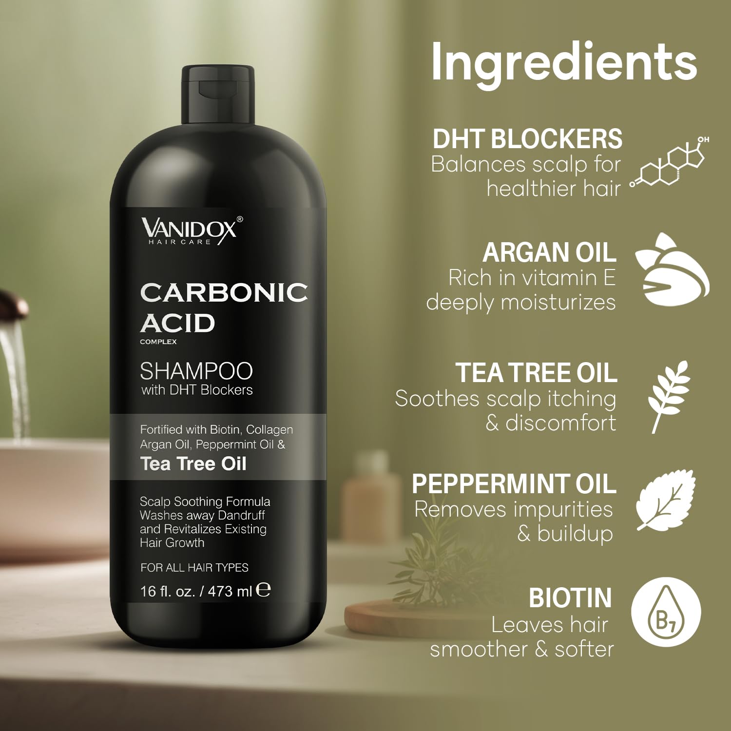VanidoX Argan oil glow close-up suggests nourishing oils for fuller-looking hair