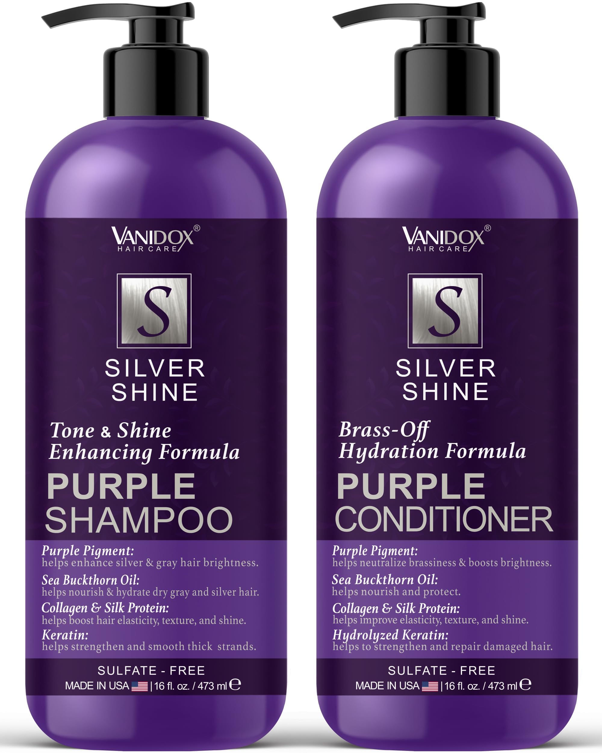 VanidoX brass-toning purple shampoo bottle front enhances cool-tone shine