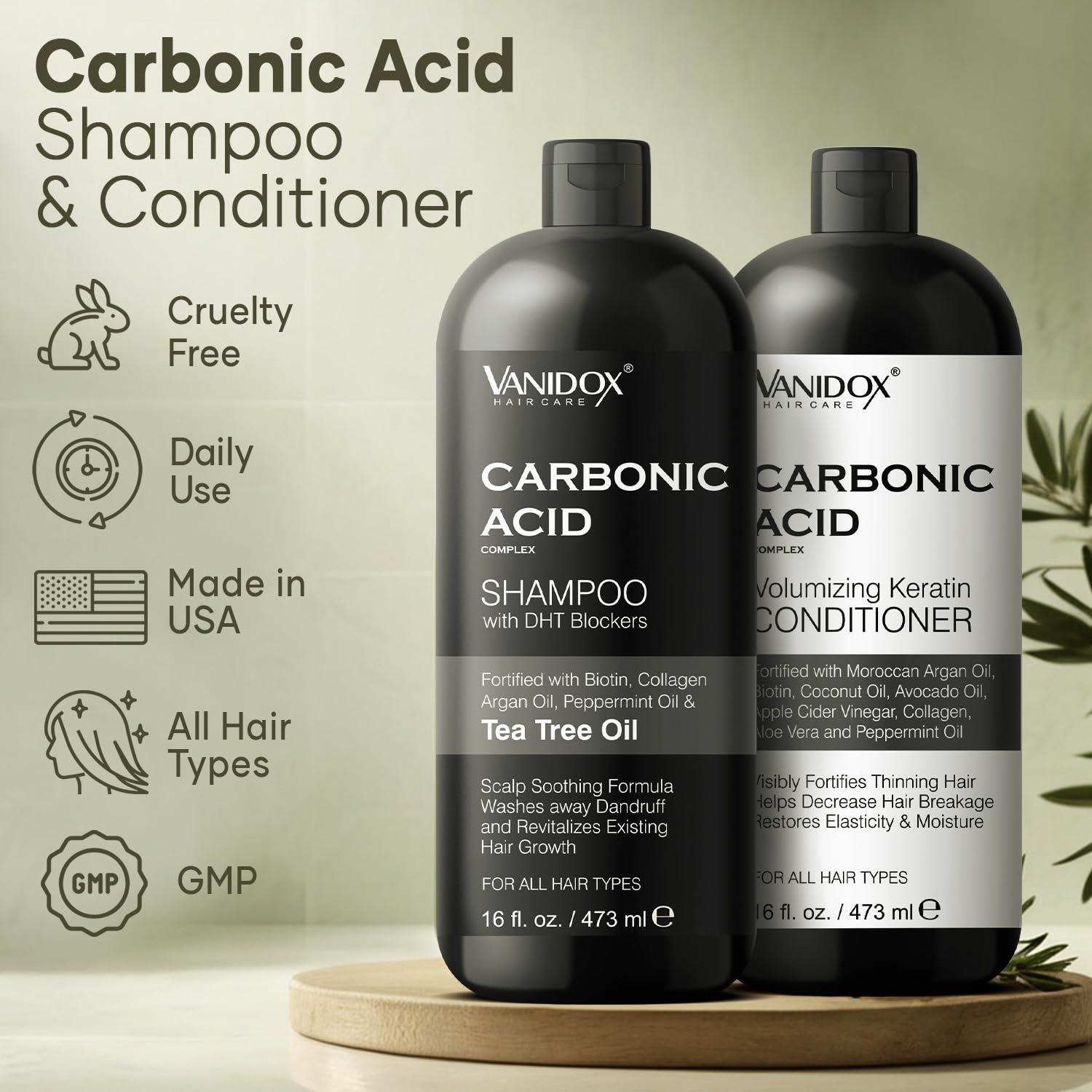 Vanidox conditioner bottle close-up highlighting nourishing oils for smoother hair.