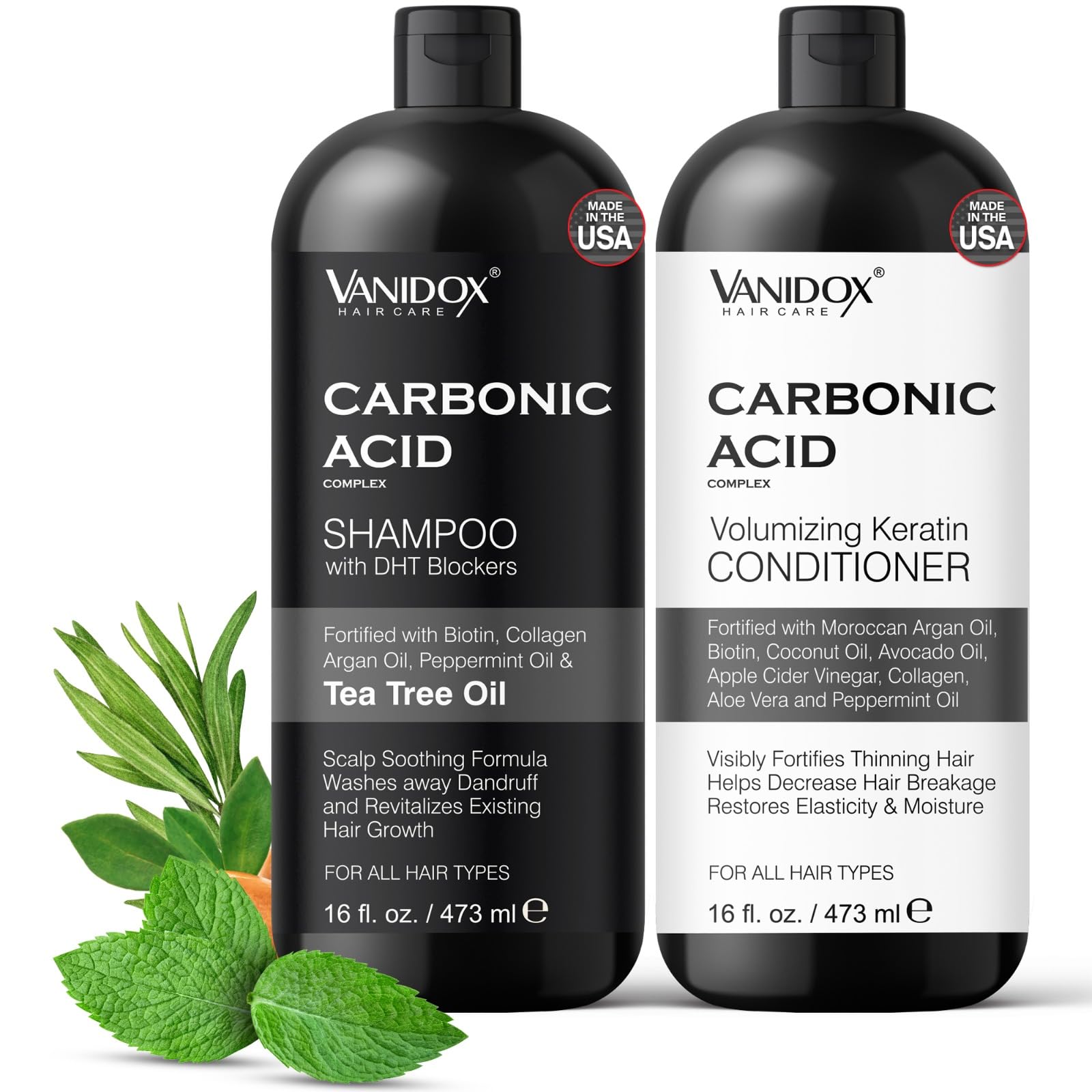 Vanidox Carbonic Acid Shampoo bottle shows scalp hydration and fuller-looking hair.