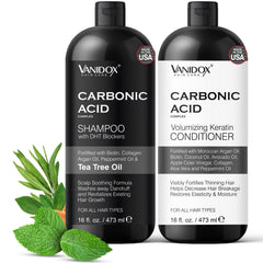 Vanidox Carbonic Acid Shampoo bottle shows scalp hydration and fuller-looking hair.