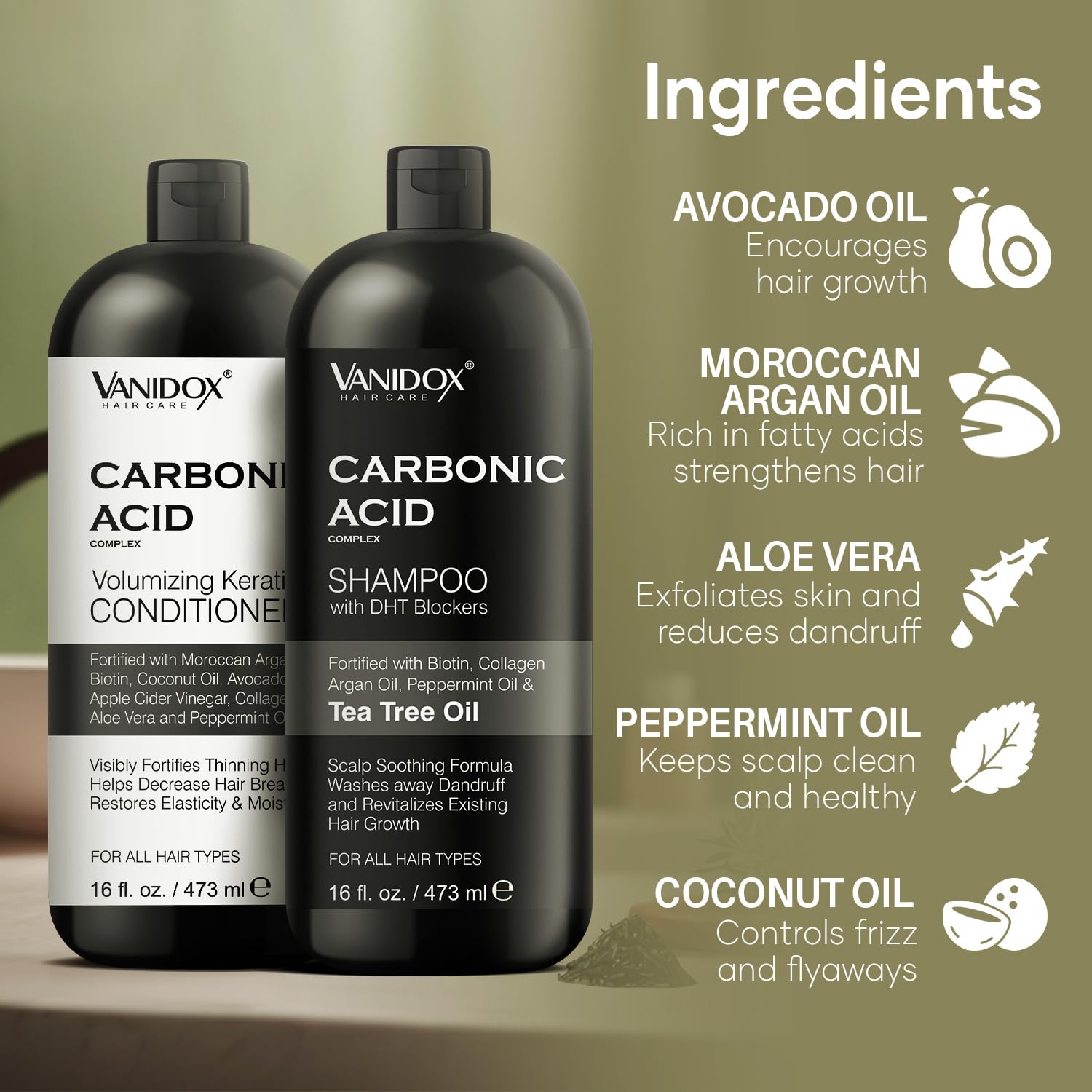 Vanidox ingredients image highlights keratin, biotin for healthier hair.
