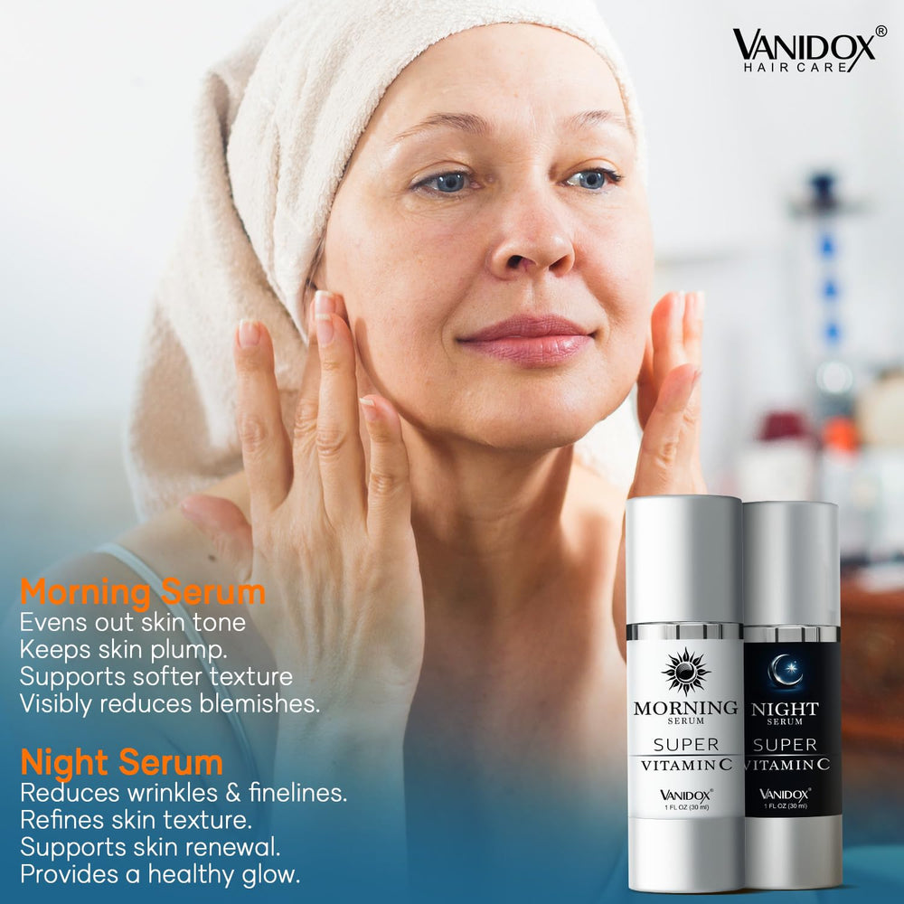 VANIDOX morning serum bottle close-up emphasizing protection and hydration.