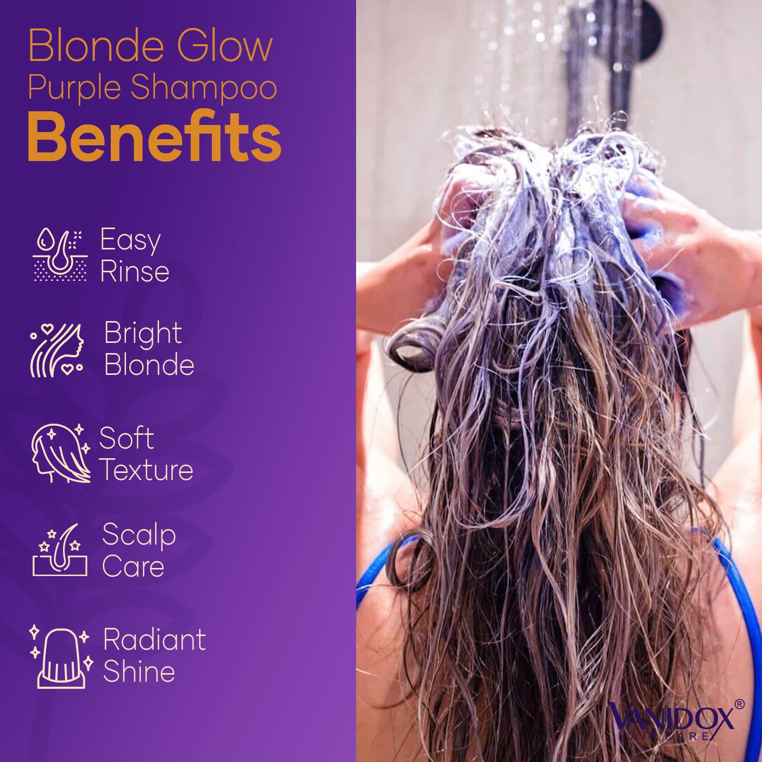 Bottle closeup of VANIDOX purple shampoo with sleek packaging