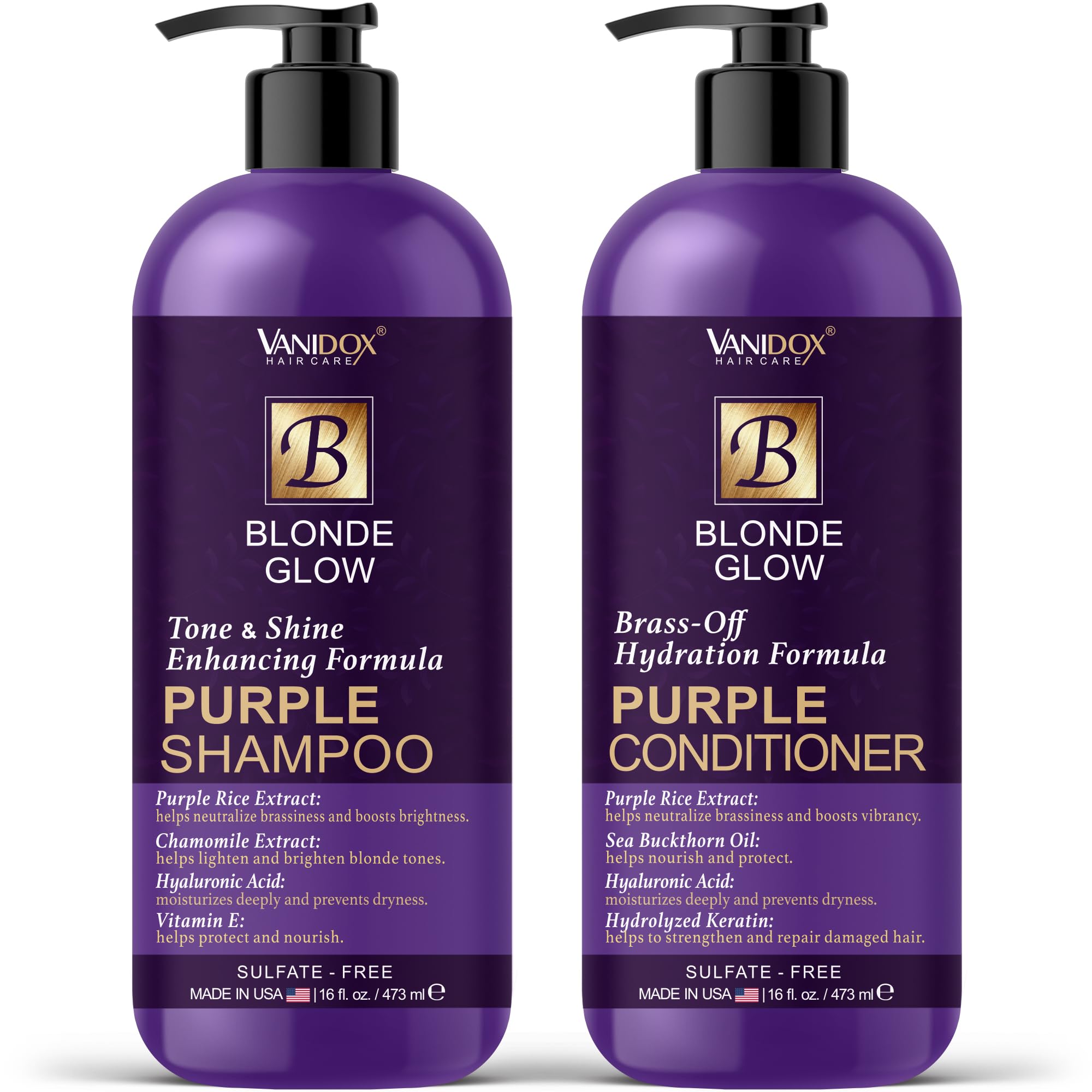 VANIDOX sulfate-free purple shampoo bottle restores cool tone and reduces brassiness.