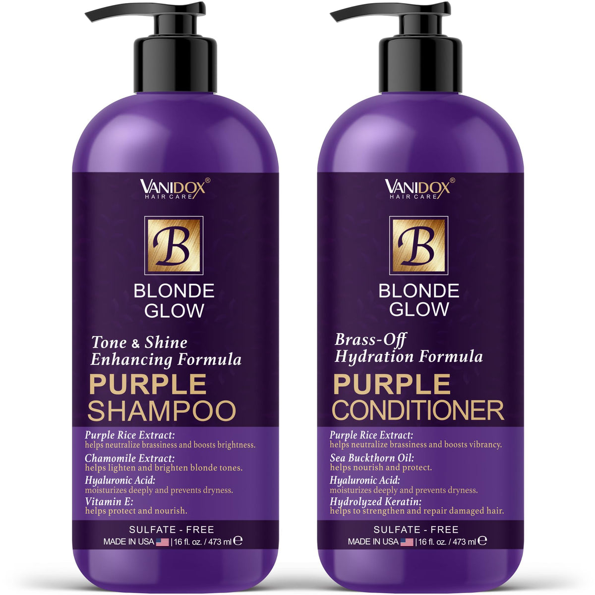 VANIDOX sulfate-free purple shampoo bottle restores cool tone and reduces brassiness.