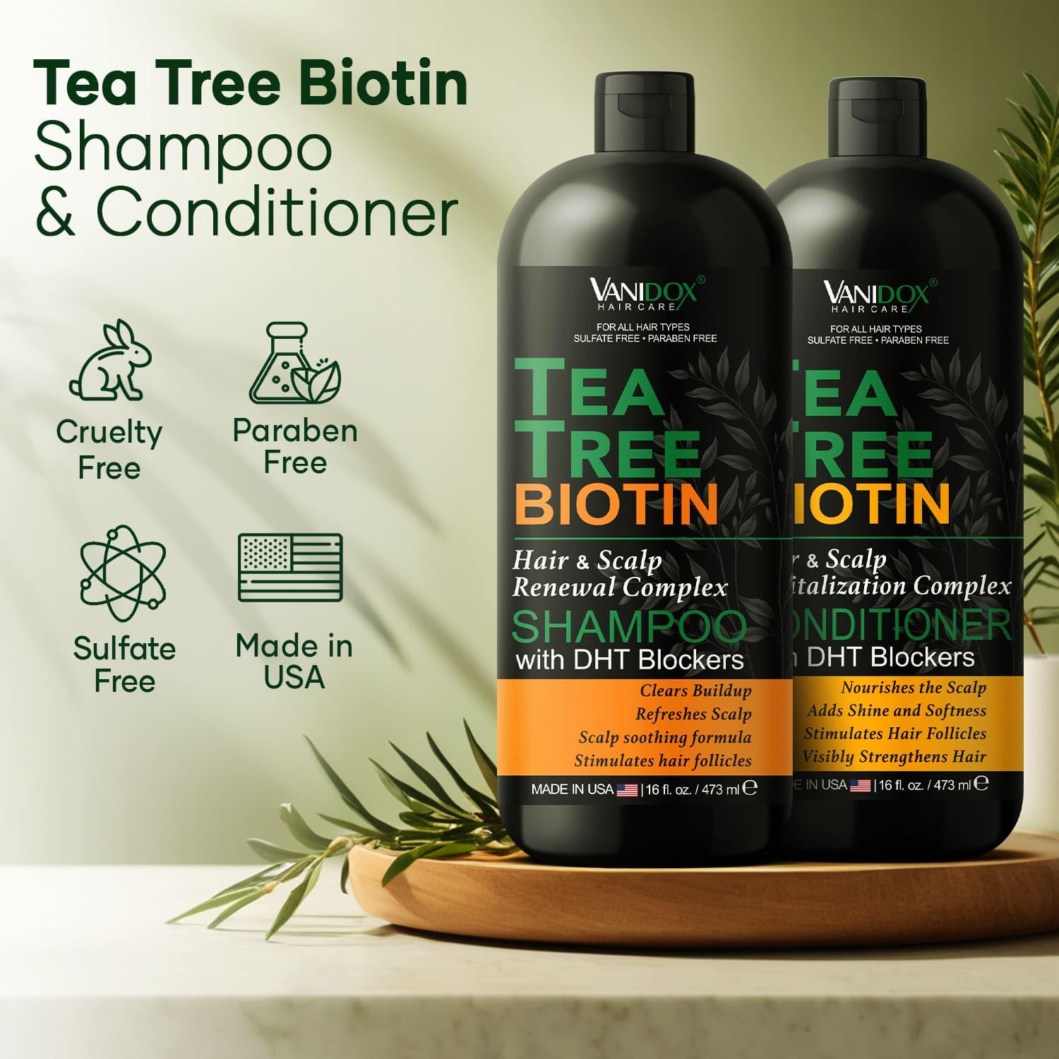 VANIDOX Tea Tree Conditioner bottle highlighting smoothing hydration