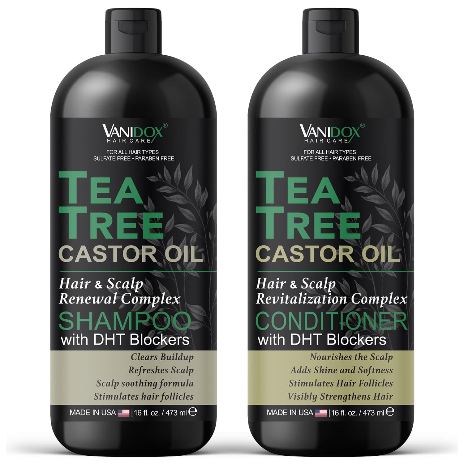 VANIDOX tea tree oil shampoo bottle highlights soothing scalp cleanse