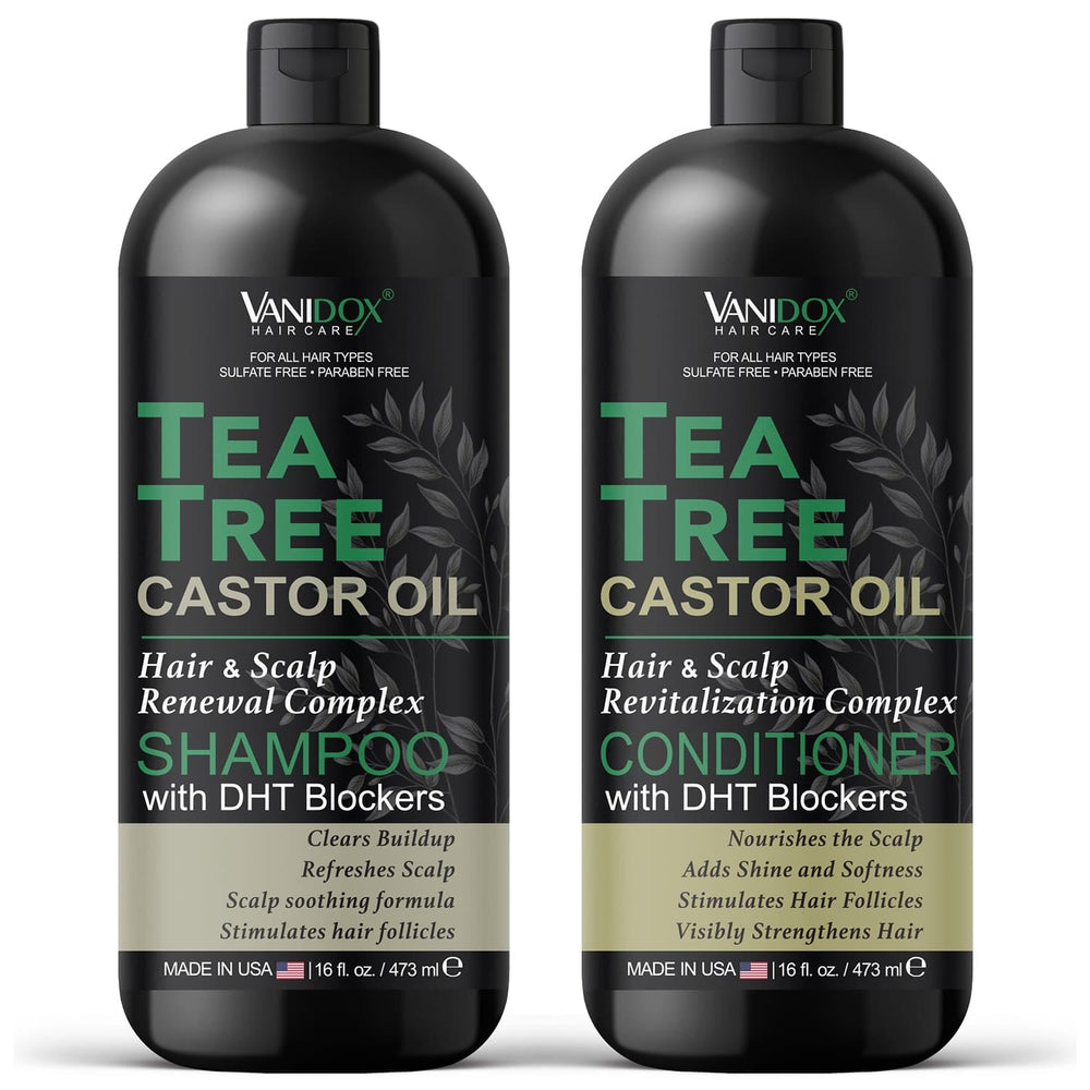 VANIDOX tea tree oil shampoo bottle highlights soothing scalp cleanse