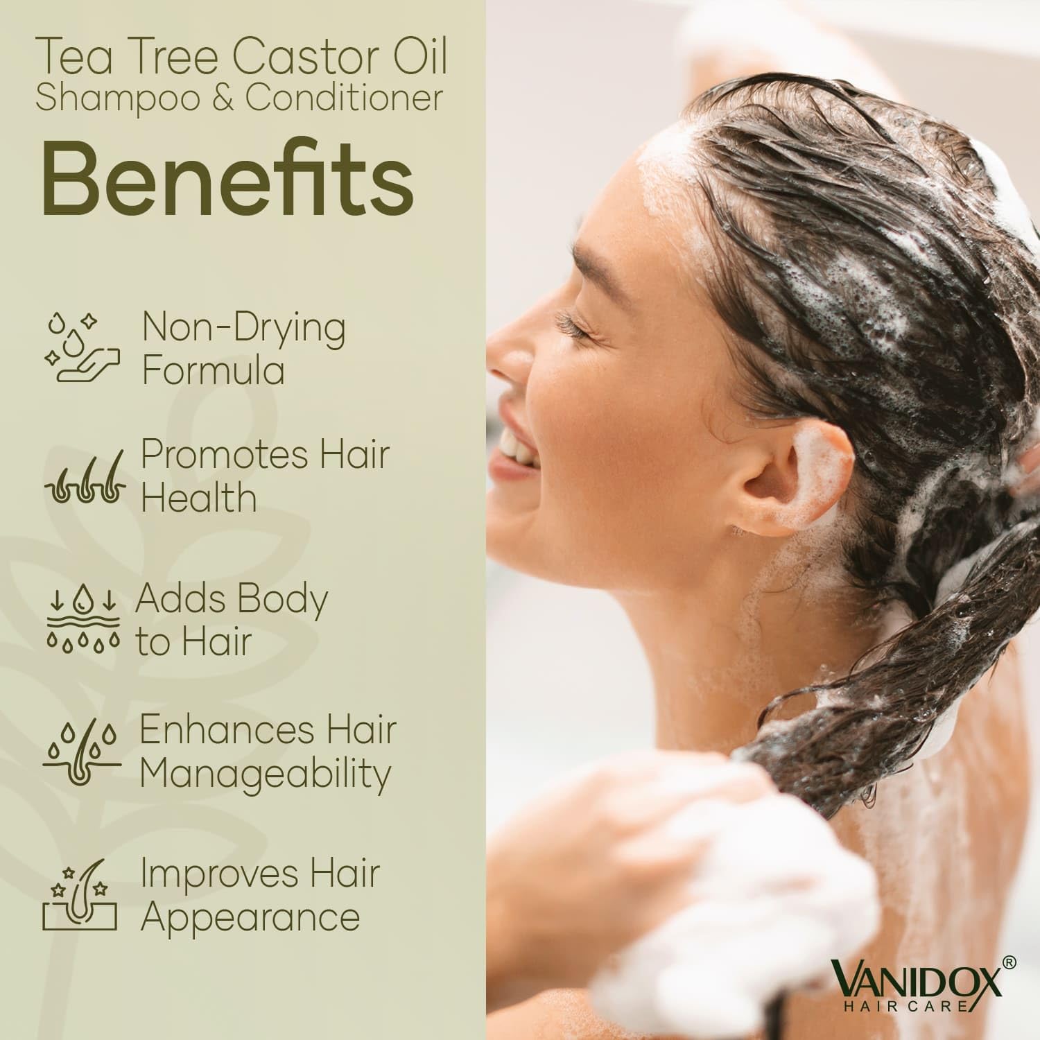 VANIDOX tea tree oil shampoo ingredients panel with nourishing benefits