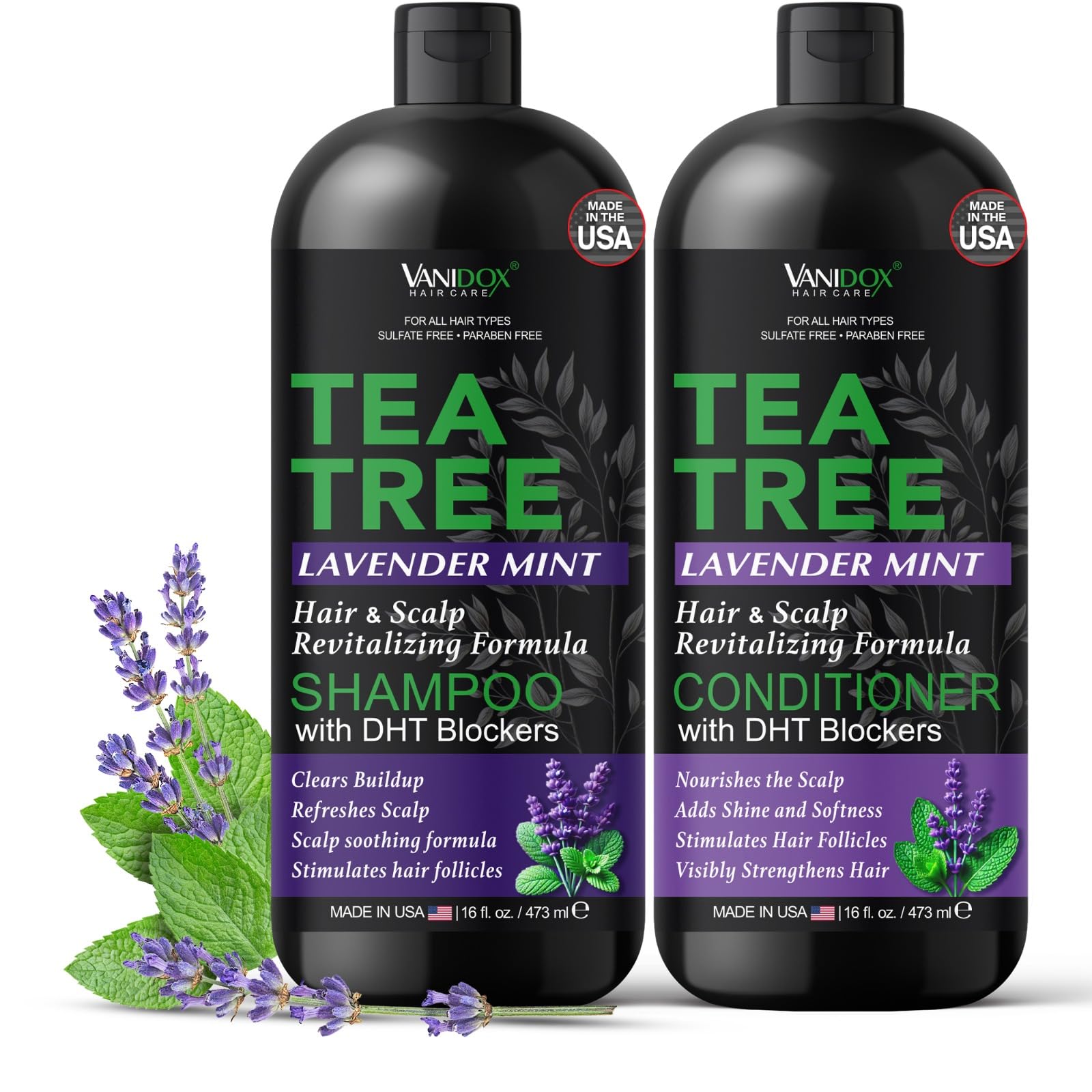 Vanidox Tea Tree Shampoo bottle front showing scalp care benefits