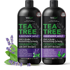 Vanidox Tea Tree Shampoo bottle front showing scalp care benefits