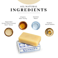 VanMan soap ingredients close-up showing grass-fed tallow and honey benefits