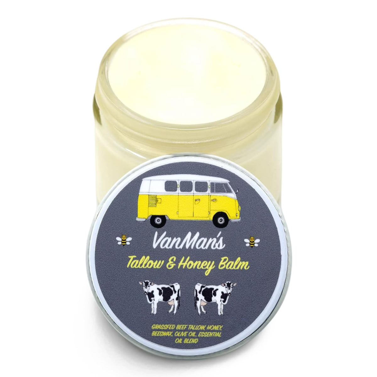 The Vanman's Tallow and Honey Balm bottle provides daily facial hydration.