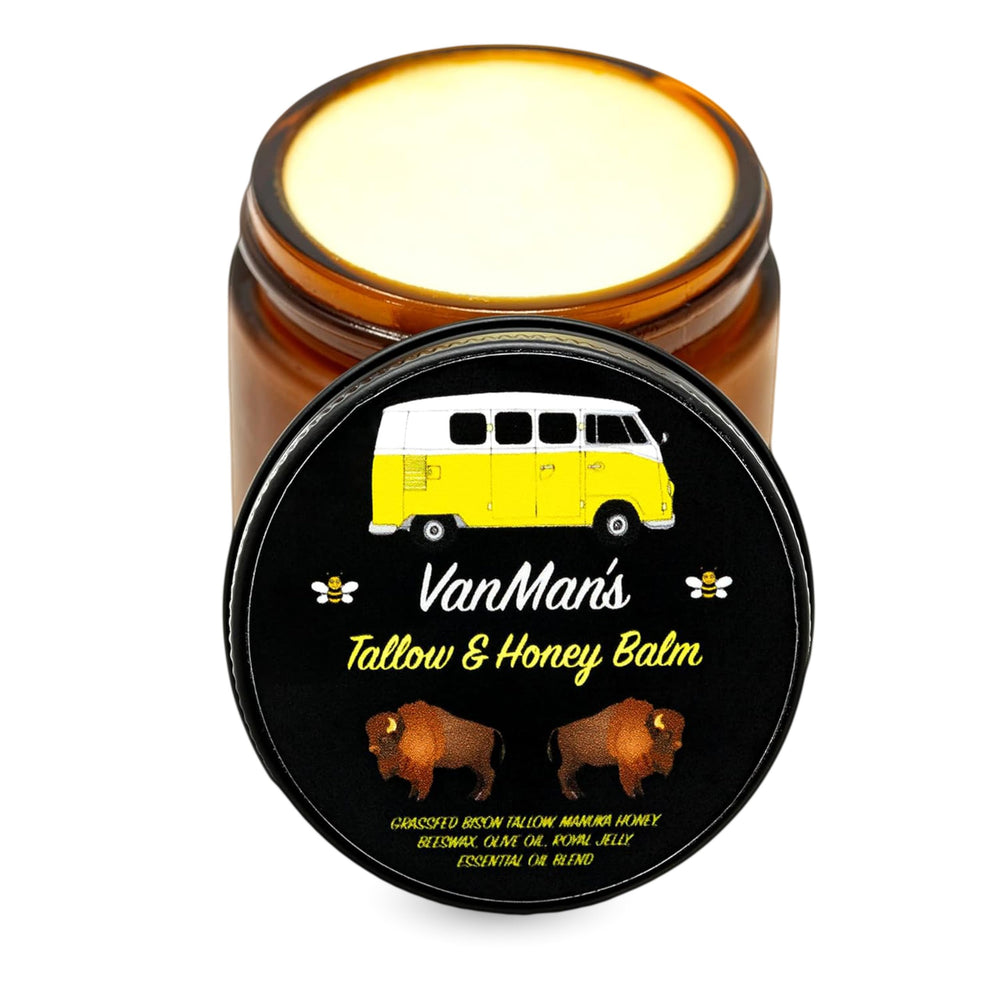 Vanman’s Tallow and Honey Balm jar on counter, rich hydration for dry skin.