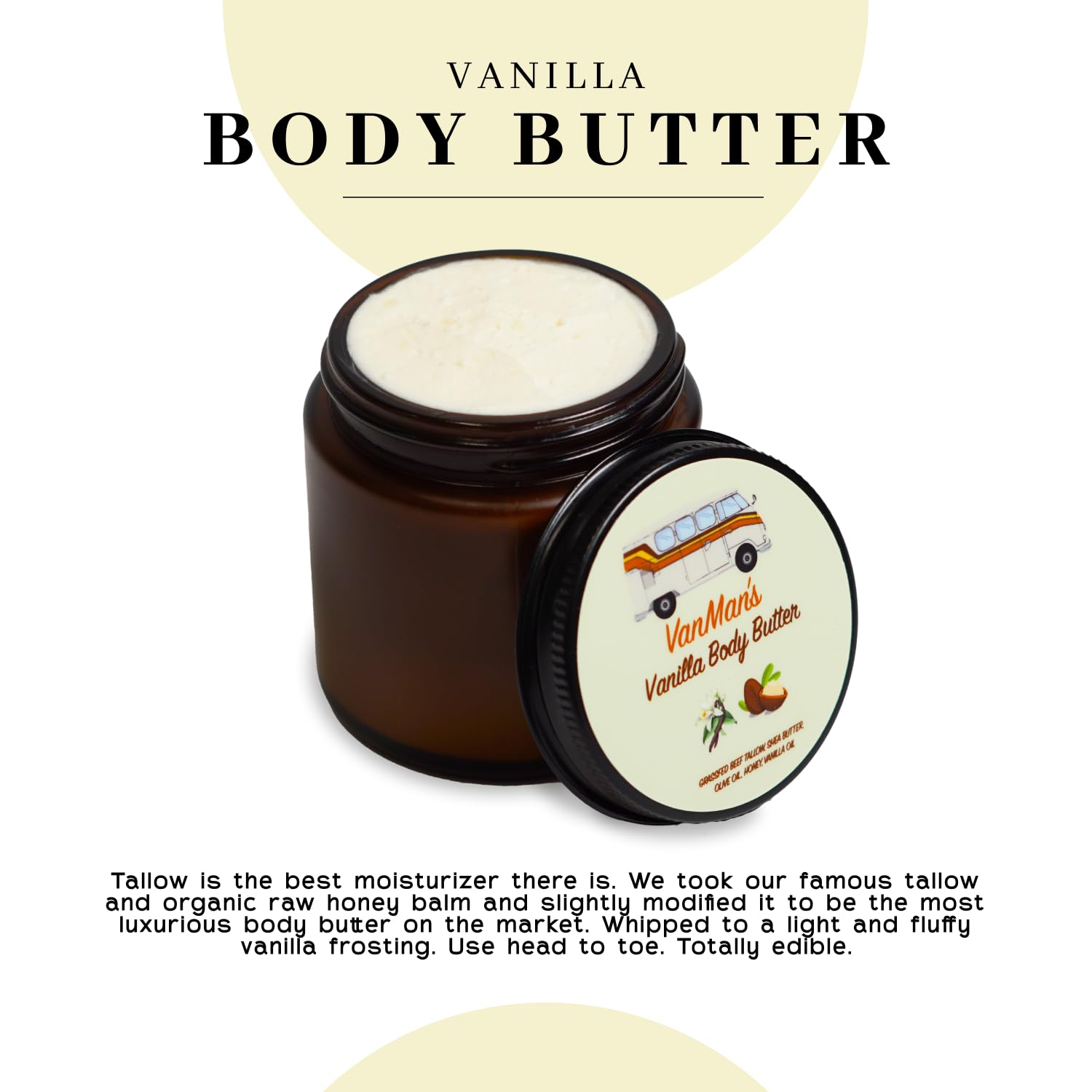 VanMan's vanilla-infused tallow ingredients panel showcases nourishing oils and honey.
