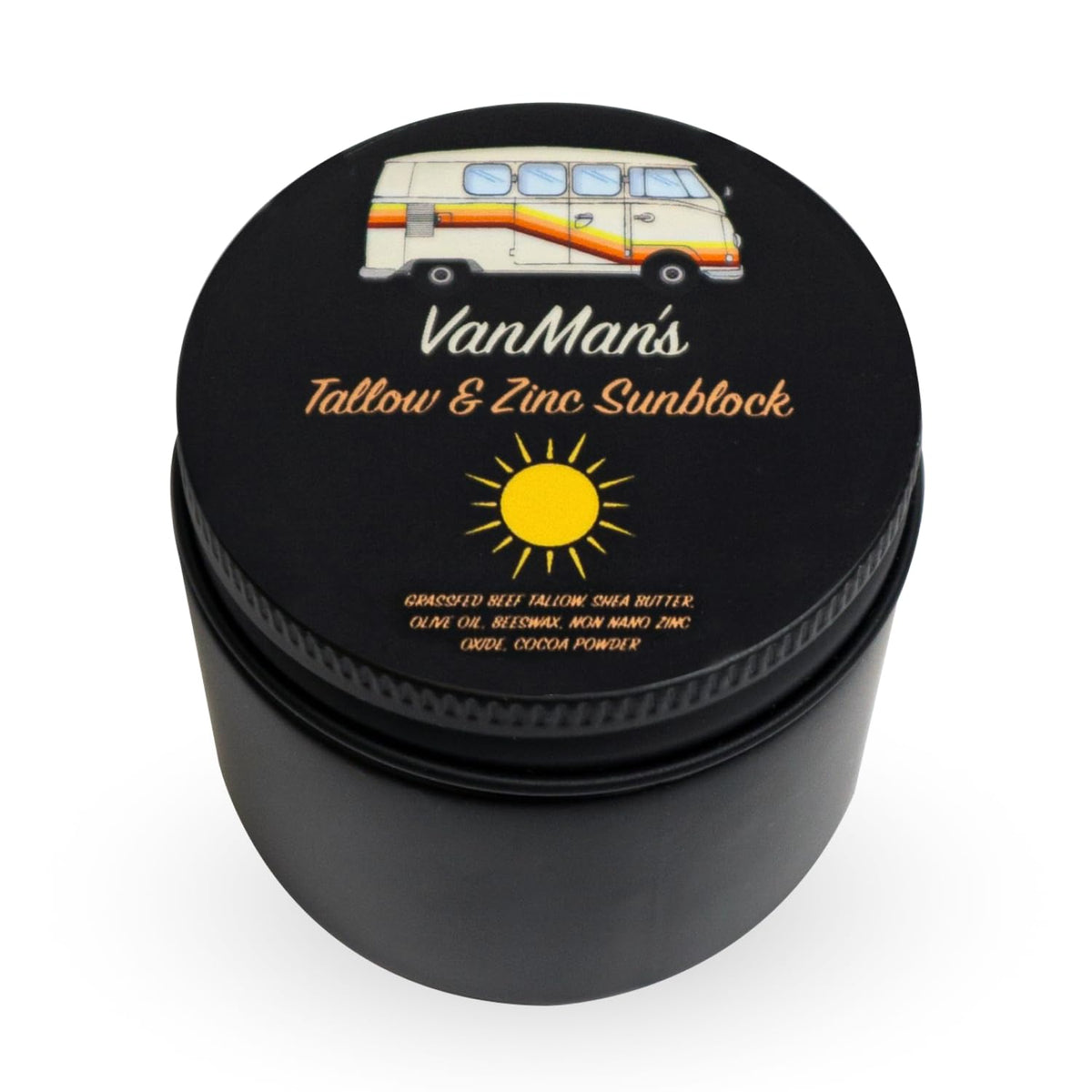 The VanMan Company Vanman's zinc and tallow sunscreen in a tin jar offers mineral protection.