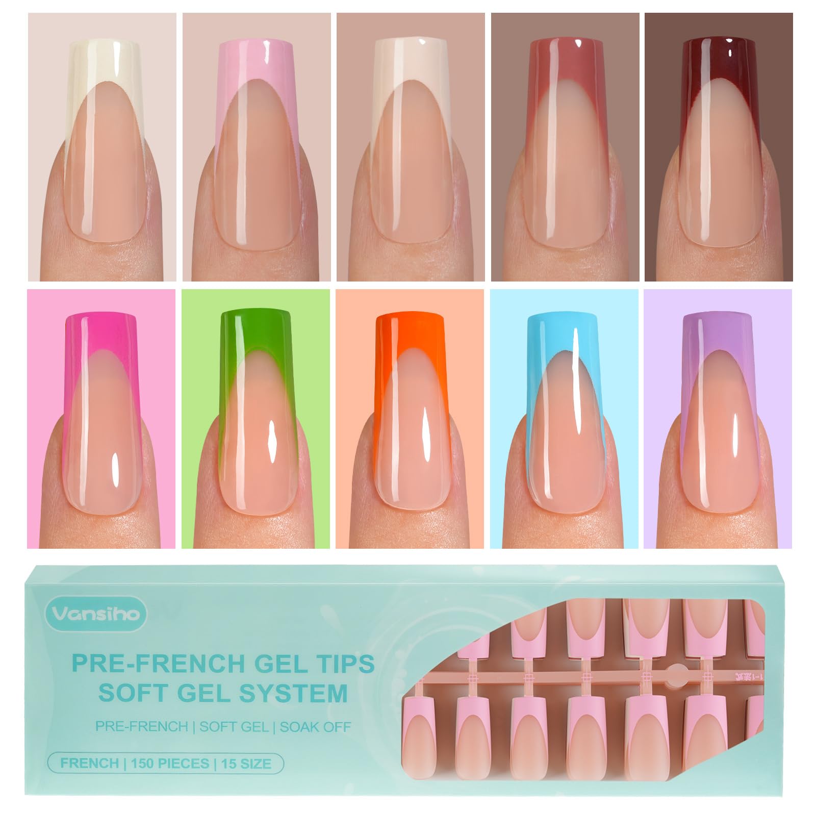 Vansiho 300Pcs French Gel Tips set in 15 sizes for DIY nail art