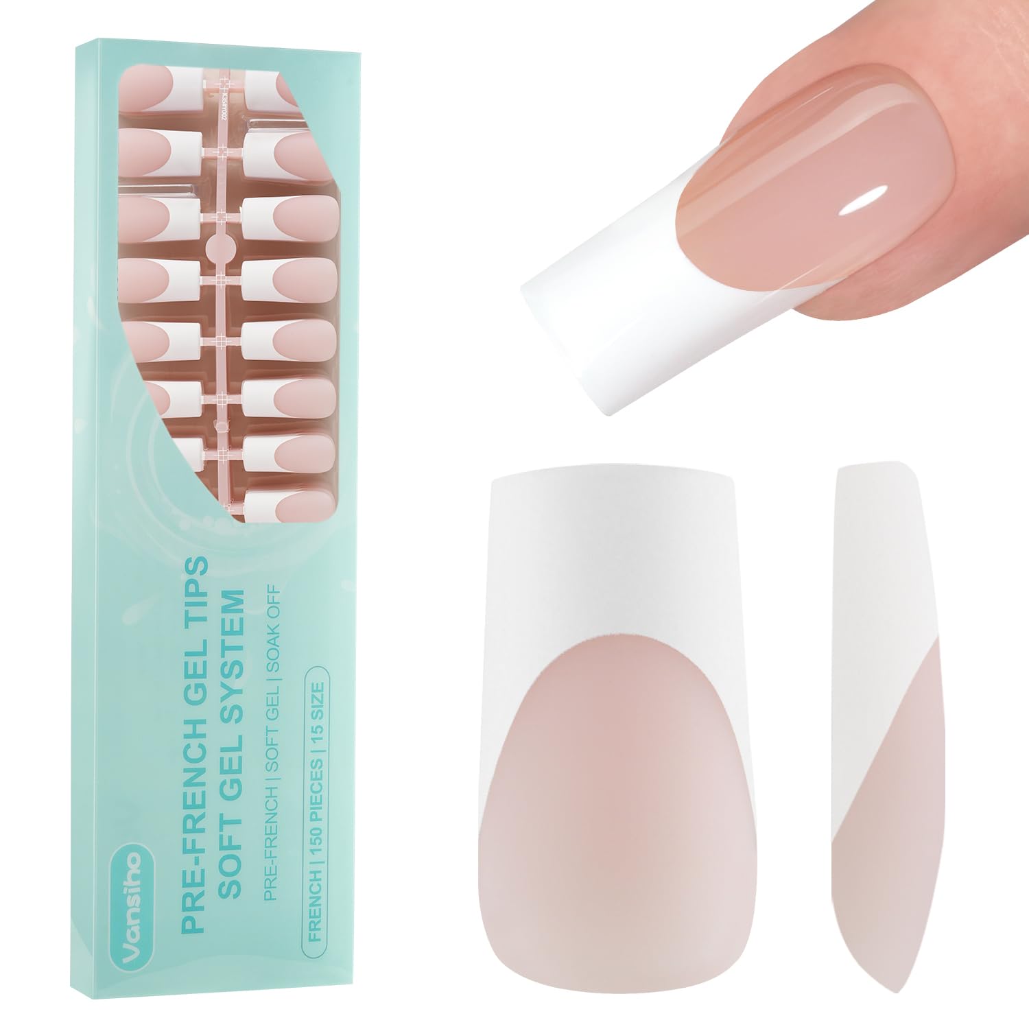 Vansiho French gel nail tips 150pc package for easy DIY manicure.